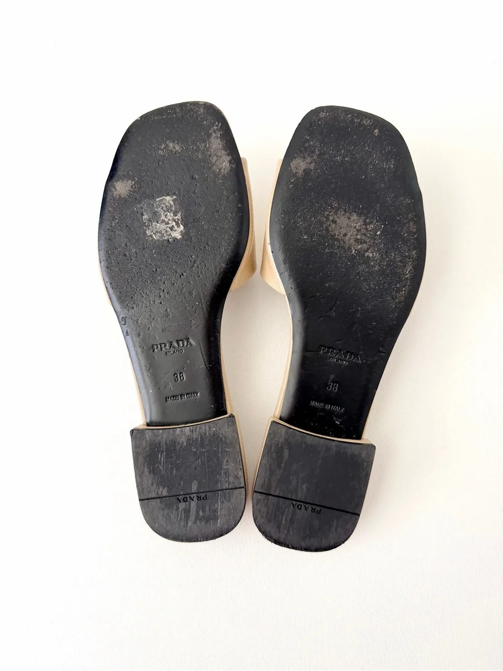 PRADA | Saffiano Patent Leather Triangle Logo Slides Sandals Flats Beige Sand 38
